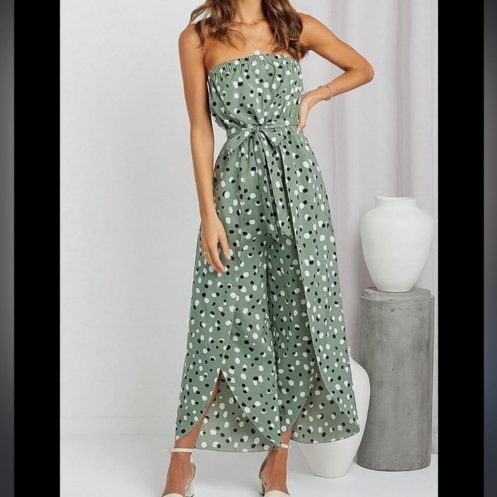 Angashion polka‎ dot strapless green jumpsuit sz L new